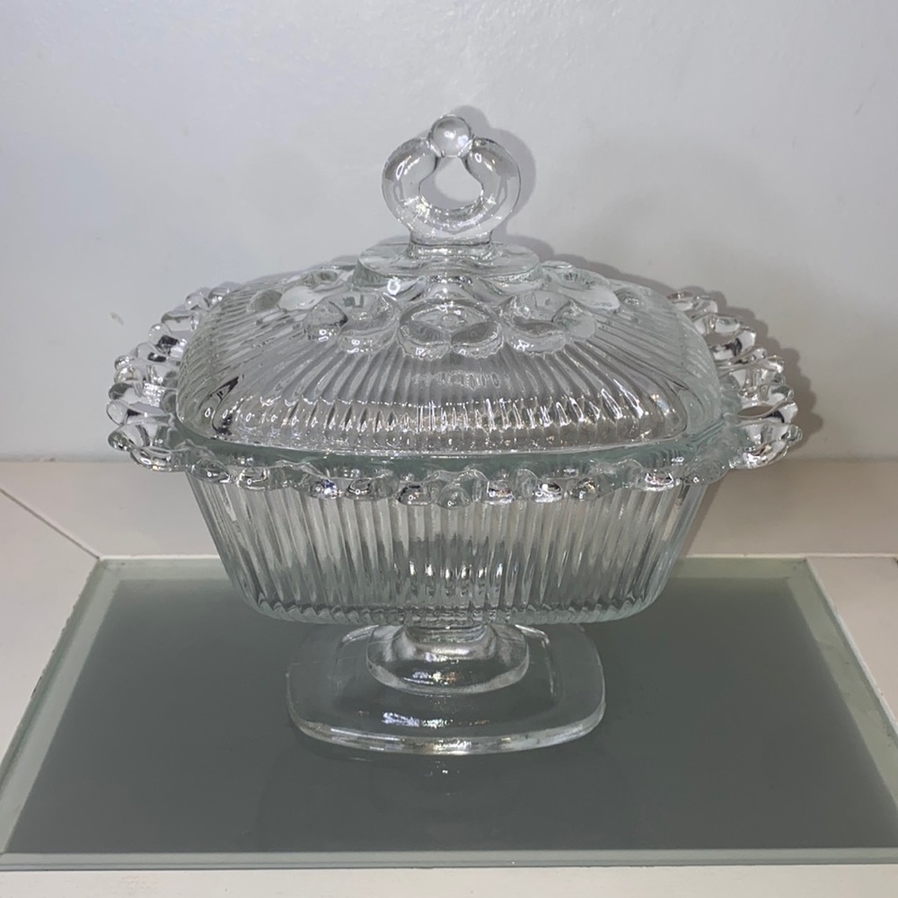 Vintage Indiana Glass Clear Lace Edge Pedestal Candy Bowl with Lid